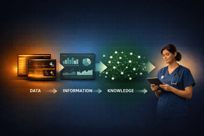 Infographic showing the nurse leader as knowledge worker across four stages: Data (EHR readings and vital signs), Information (dashboard trends and reports), Knowledge (pattern recognition and evidence analysis), and Wisdom (clinical decisions and protocol revisions), based on the McGonigle and Mastrian Foundation of Knowledge model for NURS 6051 nursing informatics.