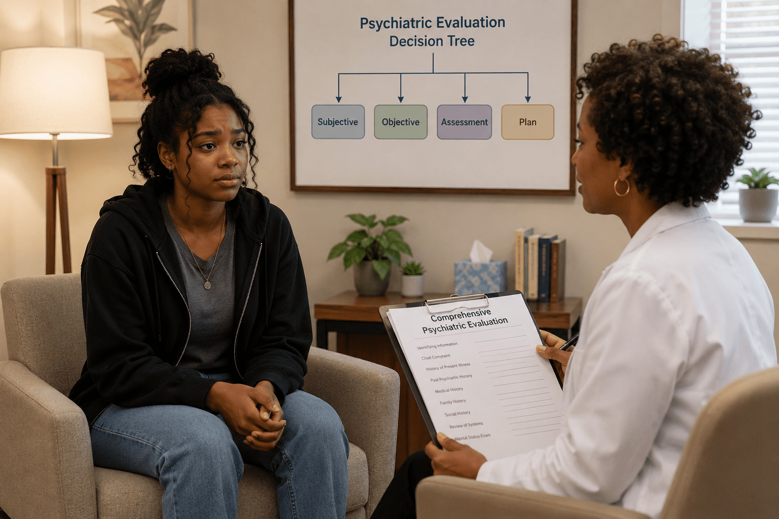Featured guide for NRNP PRAC 6635 Week 3 assignment showing a nurse practitioner conducting a comprehensive psychiatric evaluation for mood disorders with a 17-year-old female patient