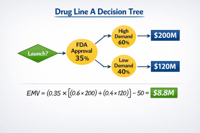 Step by step decision tree EMV calculation for C207 Task 2 Drug Line A including development cost, FDA approval probability, and market demand branches resulting in 8.8 million expected value