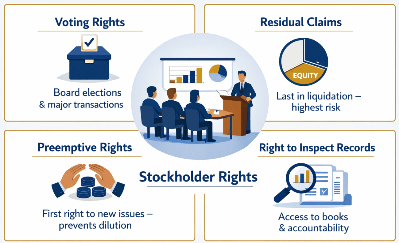 Infographic showing the four fundamental legal rights of common stockholders: voting rights on major corporate decisions, residual claims on assets and earnings, preemptive rights to purchase new shares, and right to inspect financial records for corporate accountability.