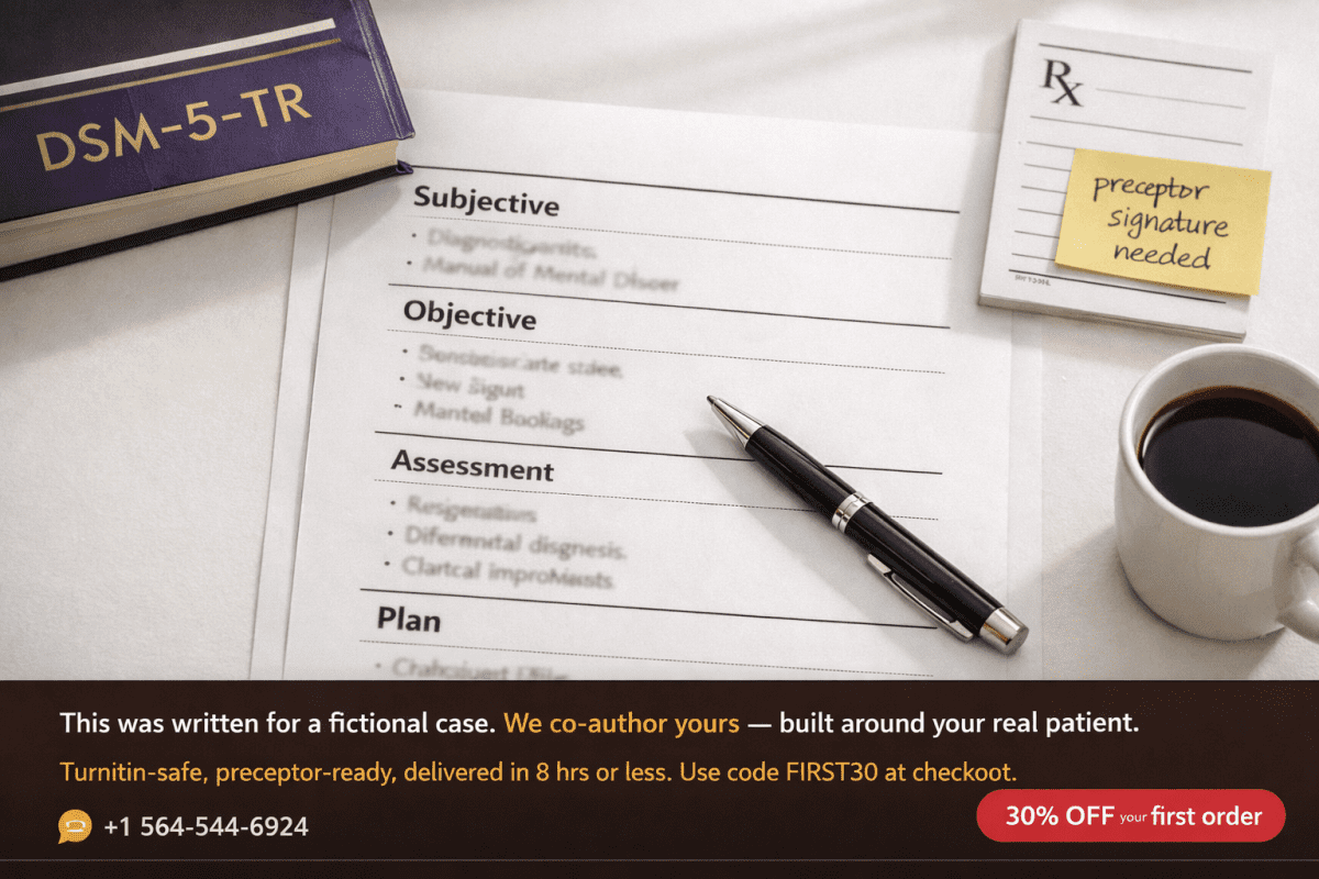 Completed psychiatric SOAP note flat-lay with DSM-5-TR manual and 30% off co-writing offer for PMHNP students via WhatsApp