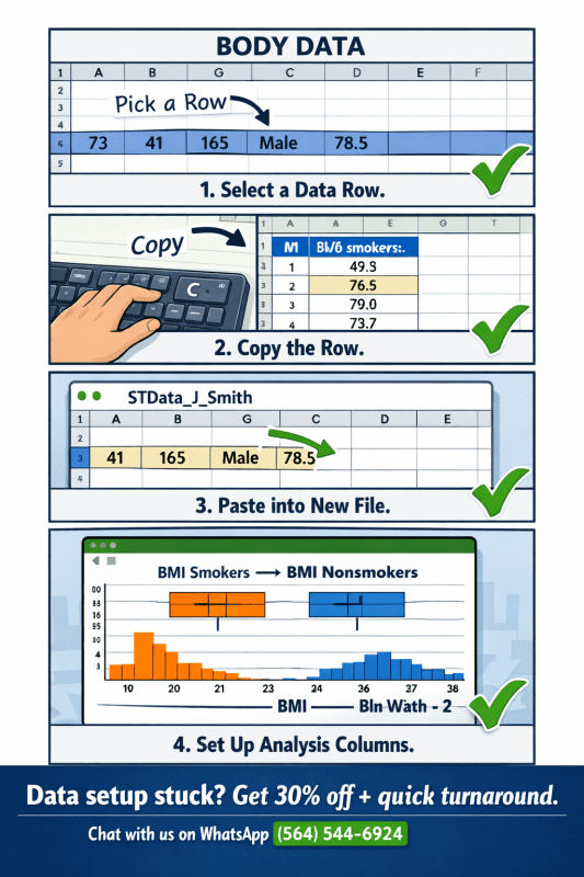 Step by step guide to create BMI by smoking status dataset in Excel including copying random row data from original Body Data file and creating new columns for smoker and non-smoker BMI values.