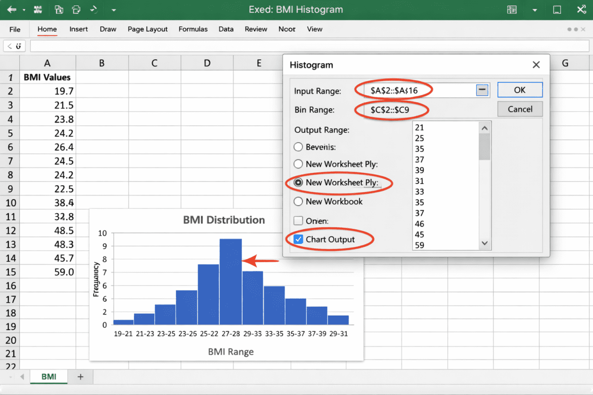 Excel tutorial showing histogram creation for BMI data with bin width of 2, including bin range setup from minimum 19.7 to maximum 59.0 and gap width set to 0 percent for contiguous bars.