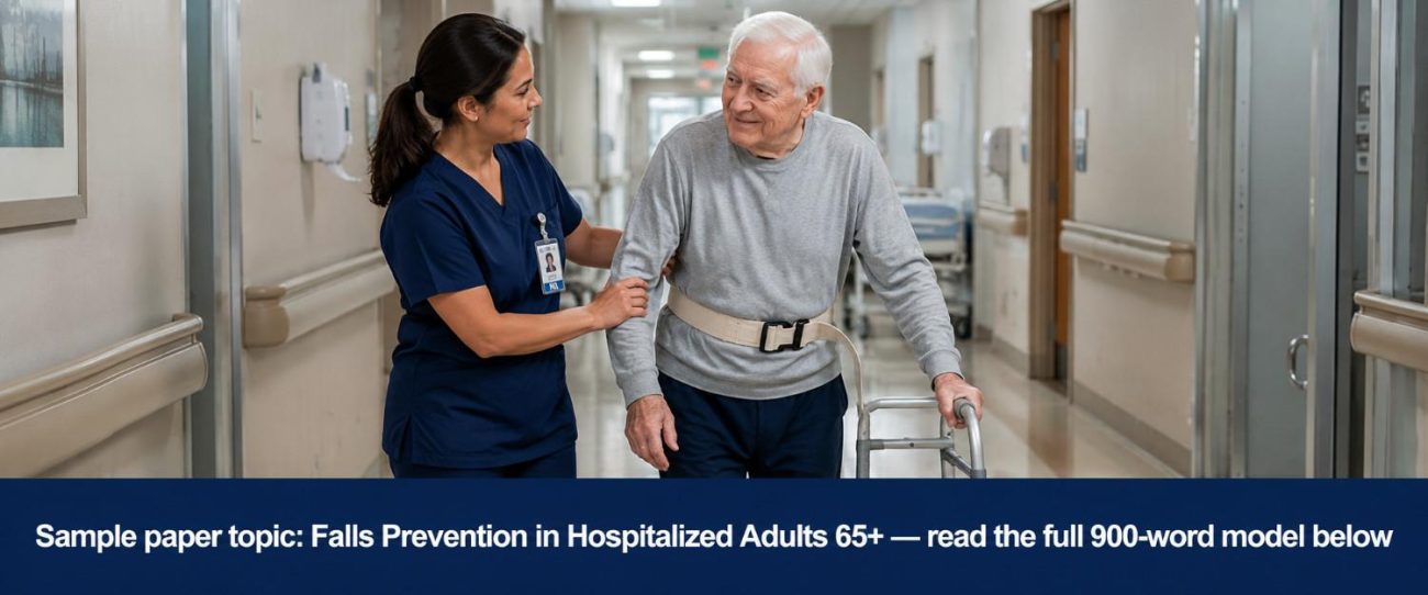 A nurse assisting an elderly patient walking with a gait belt in a hospital corridor, yellow non-slip socks visible on the patient's feet