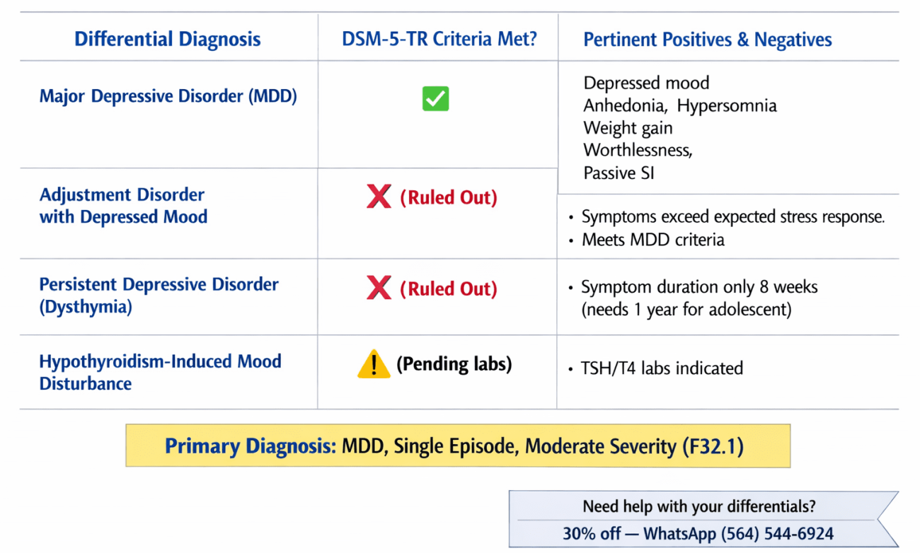 Mental Status Examination findings for adolescent with major depressive disorder including depressed mood, anhedonia, hypersomnia, worthlessness, and passive suicidal ideation with recommendation for Columbia Suicide Severity Rating Scale ongoing monitoring.