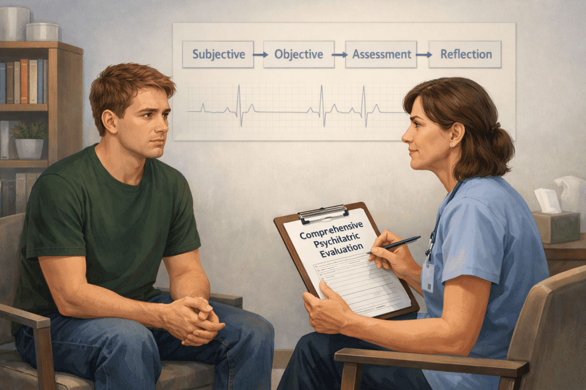 Featured guide for NRNP 6635 Week 4 comprehensive psychiatric evaluation of anxiety disorders showing nurse practitioner assessing patient with panic disorder symptoms including palpitations and fear of dying.