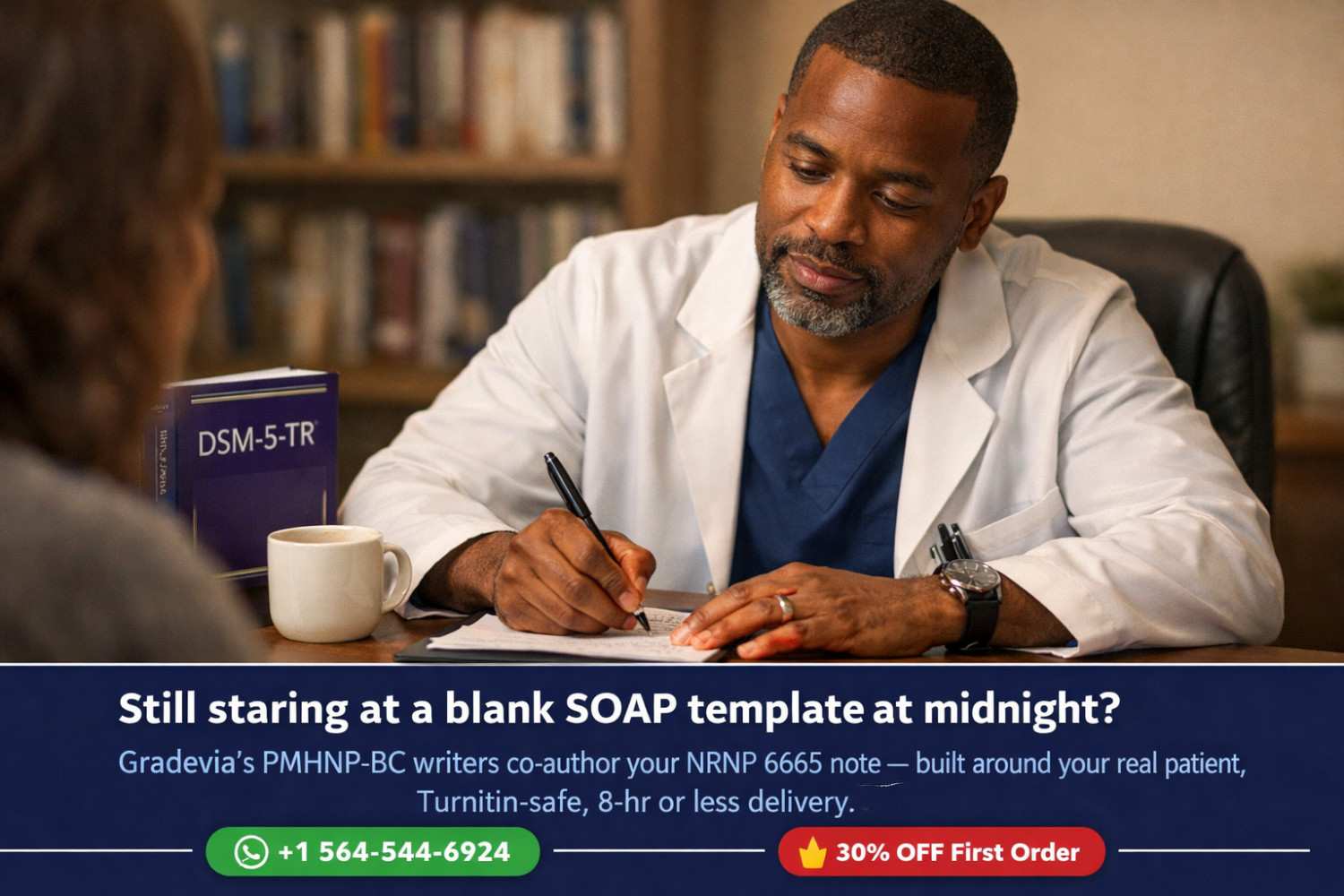 PMHNP student completing an NRNP 6665 focused SOAP note for a Major Depressive Disorder patient encounter, with a 30% off expert writing offer from Gradevia via WhatsApp