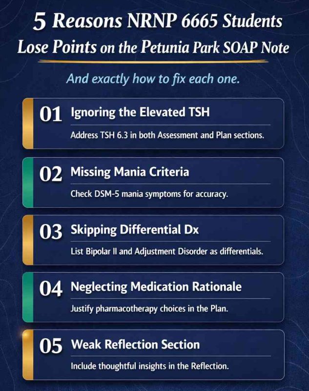Pinterest infographic listing 5 reasons NRNP 6665 students lose points on the Petunia Park SOAP note assignment, with fixes for each — including ignoring TSH 6.3, missing DSM-5 ruling-out logic, and vague pharmacology plans — WhatsApp +1 564-544-6924