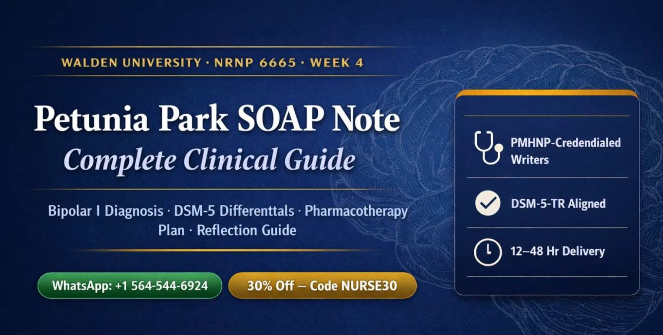 Featured image for NRNP 6665 Week 4 Petunia Park SOAP note complete clinical guide — Bipolar I DSM-5 diagnosis, pharmacotherapy plan, and reflection guide — Academic Research Bureau, WhatsApp +1 564-544-6924, 30% off with code NURSE30