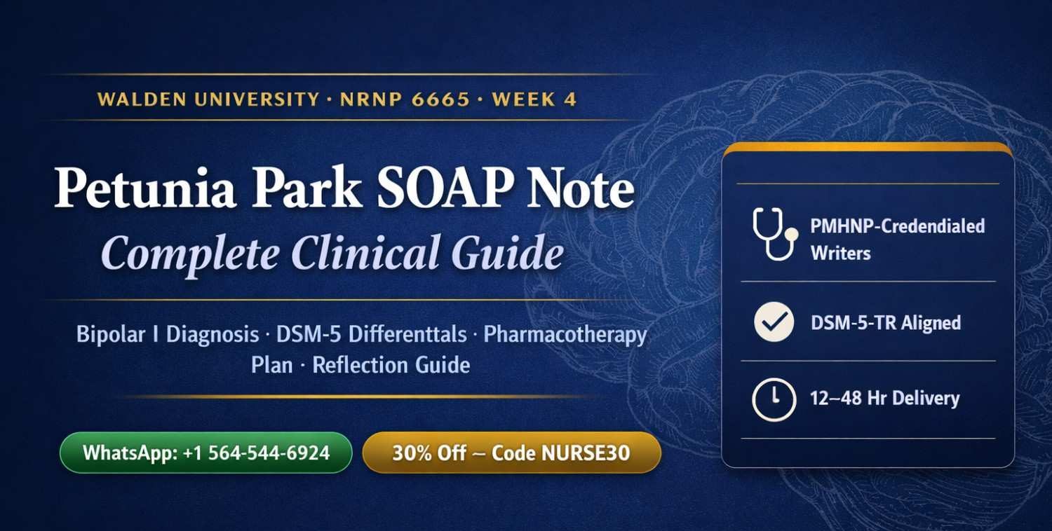 Featured image for NRNP 6665 Week 4 Petunia Park SOAP note complete clinical guide — Bipolar I DSM-5 diagnosis, pharmacotherapy plan, and reflection guide — Academic Research Bureau, WhatsApp +1 564-544-6924, 30% off with code NURSE30