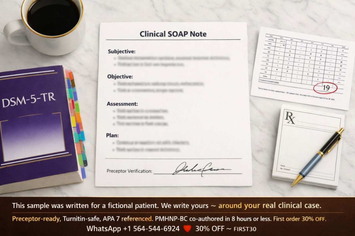 NRNP 6665 SOAP note sample for Major Depressive Disorder laid out on a clinical desk with DSM-5-TR and PHQ-9, with Gradevia's 30% off custom co-writing offer via WhatsApp