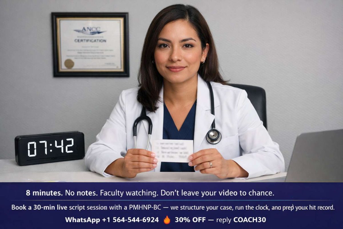 PMHNP nursing student recording an NRNP 6665 8-minute Kaltura video case presentation with a countdown timer, with Gradevia's 30% off video coaching offer via WhatsApp