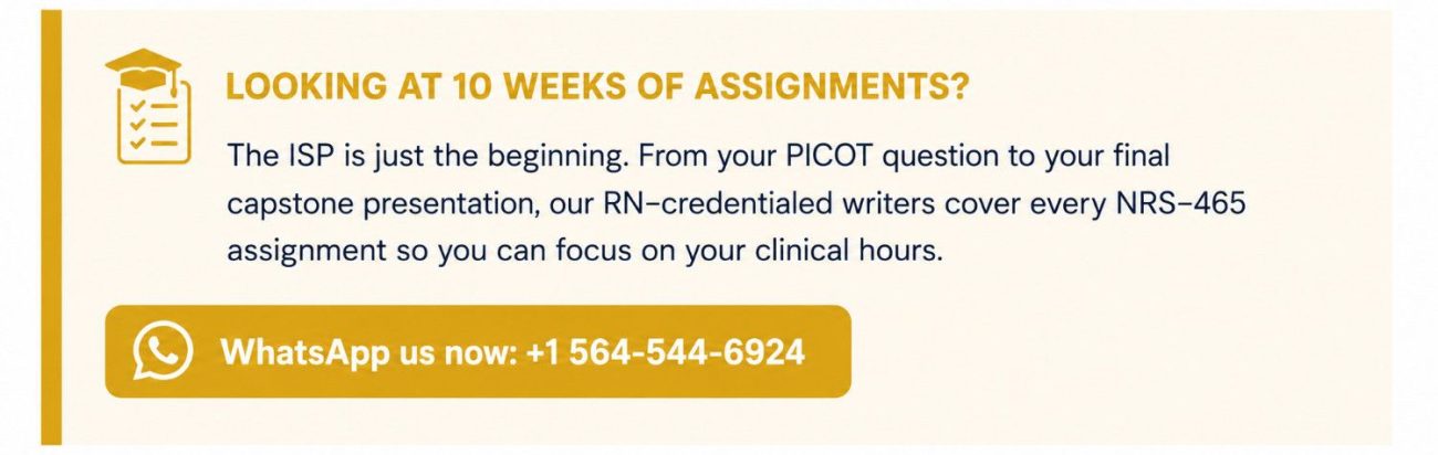 CTA callout box promoting full NRS-465 course assignment support from PICOT question to capstone presentation, with WhatsApp contact number