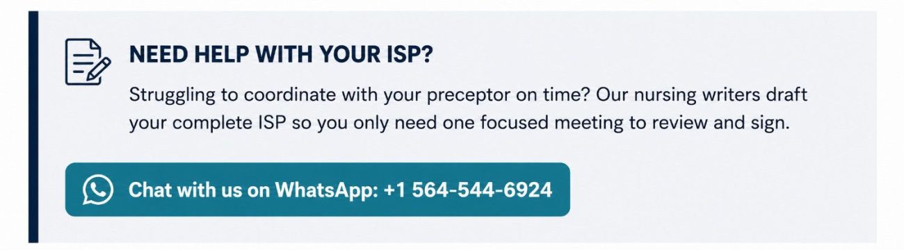 CTA callout box offering expert ISP drafting help for NRS-465 students struggling with preceptor coordination, with WhatsApp contact number