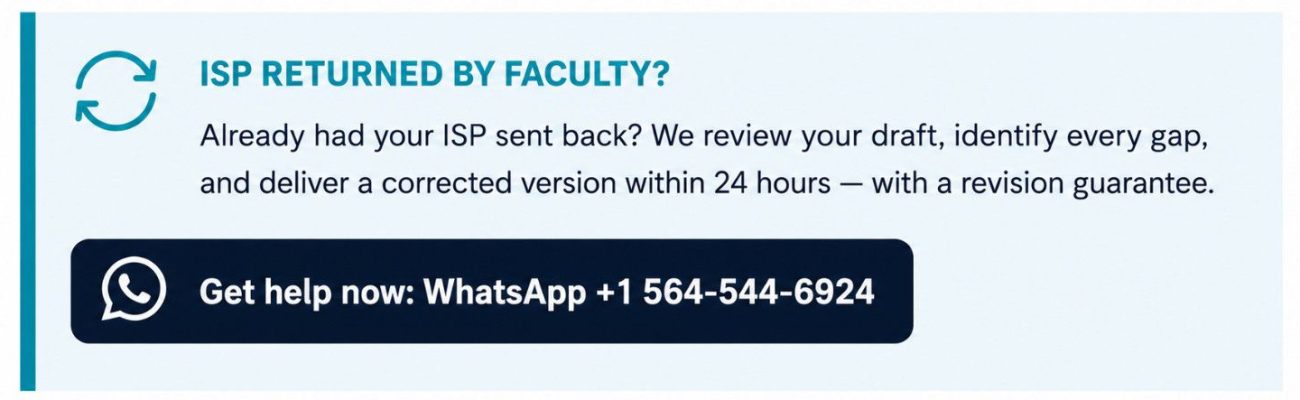 CTA callout box offering 24-hour NRS-465 ISP review and correction service for students whose submission was returned by faculty, with WhatsApp contact