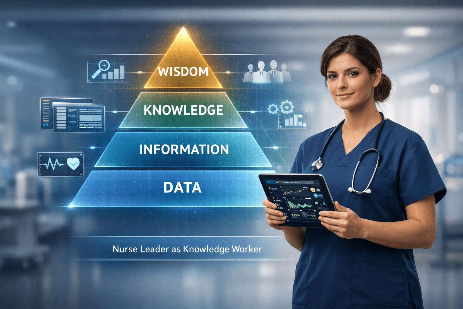 Featured guide for NURS 6051 nurse leader as knowledge worker assignment showing a nurse leader with tablet and DIKW pyramid representing data information knowledge wisdom in nursing informatics.