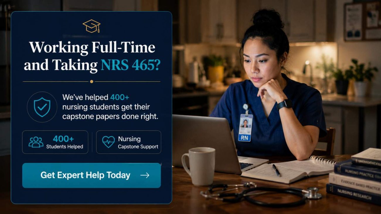 Three nursing graduates with five-star reviews above a headline reading: Working full-time and taking NRS 465? We've helped 400+ nursing students get their capstone papers done right