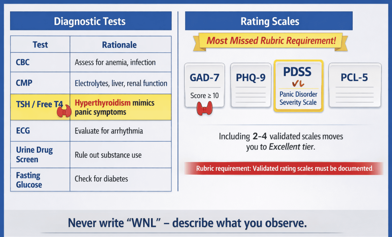 Objective section requirements for NRNP 6635 Week 4 psychiatric evaluation including diagnostic tests with rationales (CBC, CMP, TSH, ECG, urine drug screen) and validated rating scales GAD-7, PHQ-9, PDSS, and PCL-5 for panic disorder assessment.