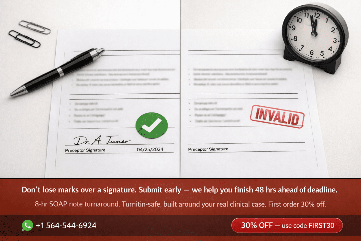 Split image comparing a correctly signed versus unsigned PMHNP SOAP note with a 30% off deadline-safe assignment help offer via WhatsApp for Walden students