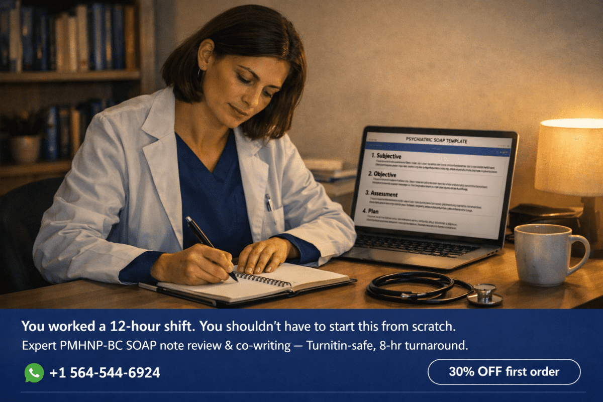 PMHNP nursing student completing a focused SOAP note at a home desk late at night, with a 30% off assignment help offer from expert PMHNP-BC writers