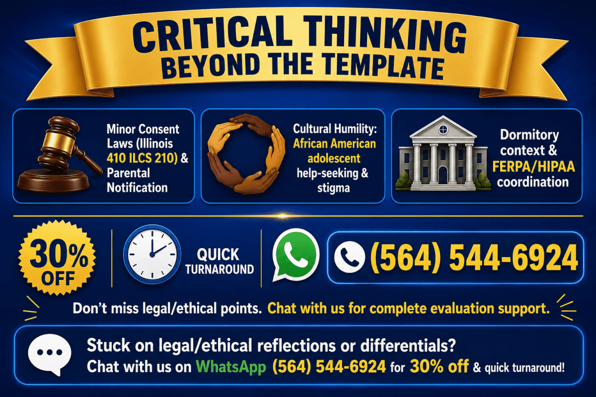 Legal ethical and cultural considerations for NRNP PRAC 6635 mood disorders assignment including Illinois minor consent laws, cultural humility for African American adolescents, and dormitory privacy coordination. Get 30 percent off expert help via WhatsApp at 564-544-6924.