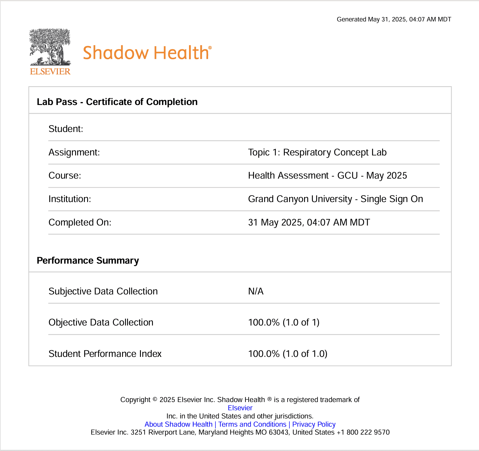 Shadow Health Respiratory Concept Lab